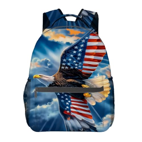 CUEBOS Bald Eagle Backpack, Polyester Laptop Bag, American Flag Wing and Sky Background Backpacks, Patriotic Back Pack, Rucksack Gifts for Men, Teens Bookbag, Travel Daypack, Hiking, Camping