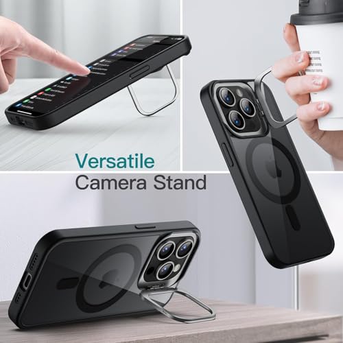 Image of VONZEE Clear Camera Kickstand Case for iPhone 16 Pro, Built-in Adjustable Camera Stand, Clear Magnetic Mag-Safe Shockproof Classic Series Phone Cover (Black)