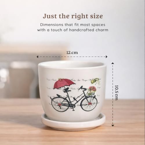 Image of Urban Upvan Cycle Design Printed Ceramic Pot with Tray - Premium Decorative Planter for Indoor & Outdoor Plants, Modern Elegant Flower Pot for Home, Garden & Office