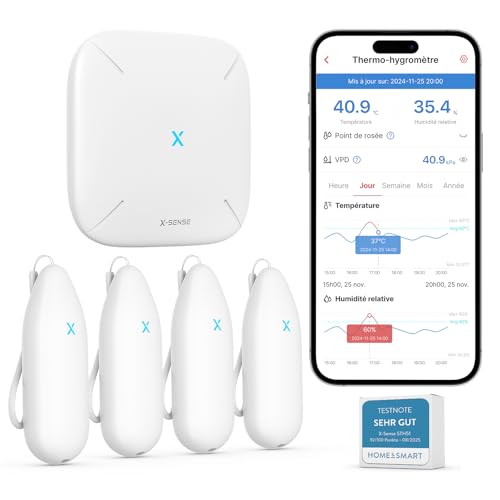 X-Sense Thermometre Interieur Connecté, WiFi Hygromètre Haute Précision avec Station de Base Suivi Température et Humidité Alertes App Exportation Données Portée 500 m Compatible Alexa, STH55