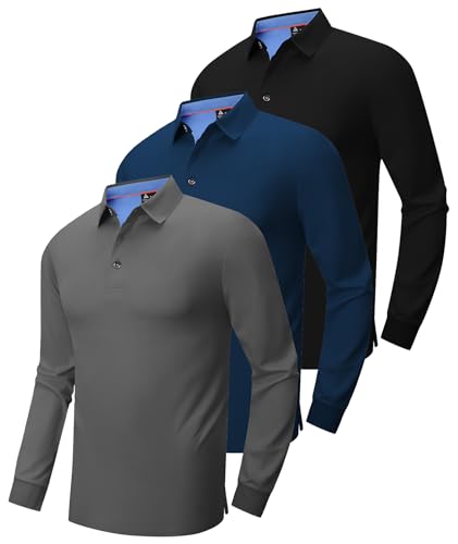 ZITY Long Sleeve Polo Shirts for Men 3 Pack Collared Performance Golf Polos Mens Casual Shirts Moisture Wicking Workwear