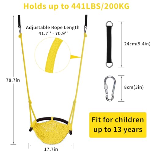 Image of Hi-Na Kids Swing Seats Indoor Hand-Made with Adjustable Rope, Outdoor Tree Child Swing Seat for Backyard, Playground, Outside, Yellow, Polyester