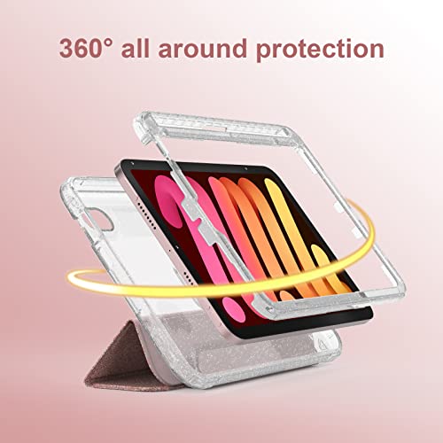 iPad Mini 6 Case 8.3 Inch 2021 - Clear Smart Slim-Fit Glitter Sparkly with Apple Pencil Charging Holder [Supports Wireless Pairing & Charging] Folio Stand Shiny Leather Cover(Rose Gold)