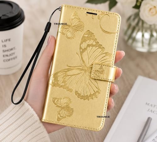 Image of TROUNCE Butterfly Embossing Shock Proof Flip Cover with Card Cash Holder Wallet Case & Magnetic Lock|Mobile Cover|Back Cover- Gold for Google Pixel 8