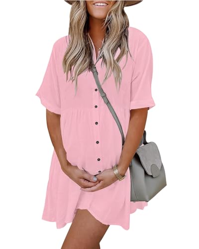 Image of PYGFEMR Women's Short Sleeve Babydoll Dress Button Down Dresses with Pockets