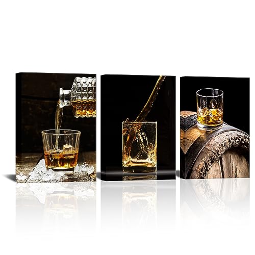 VANSEEING 3 Piece Canvas Prints Wall Art Whisky Pour into Wine Glass Brown Barrels Pictures Vintage Wine Wall Decor for Kitchen Bar Pub Home Decoration Gallery Wrap Ready to Hang 12"x16"x3 Panels