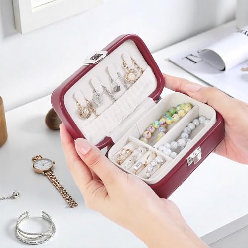 Image of BucketList PU Leather Jewellery Organizer Box with Ring Slots & Necklace Hooks | Compact Jewelry Storage Case with Secure Lock (Travel Jewellery Box Rectangular (Brown))
