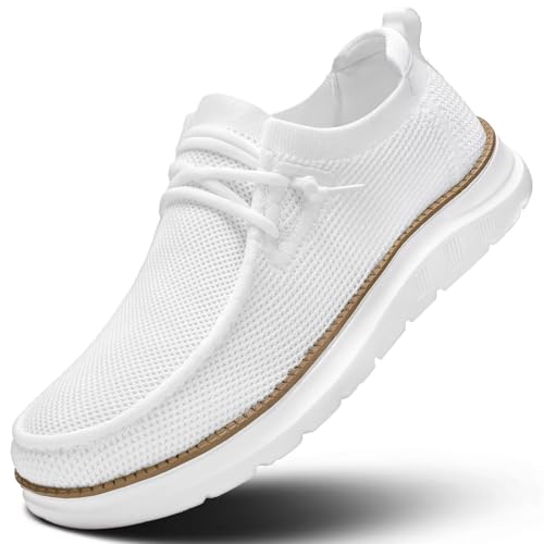 Mens Boat Loafers Slip-on Casual Mesh Walking Shoes Business Oxfords Sneakers Work Lightweight Comfortable Soft Sole White