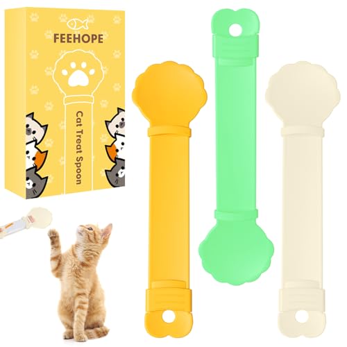 feehope 3PCS Cat Treat Spoon, Lickable Cat Treat Spoon Squeeze, Multi-Function Cats Treats Feeder for Pet Liquid Snack and Wet Food(Beige&Green&Orange)
