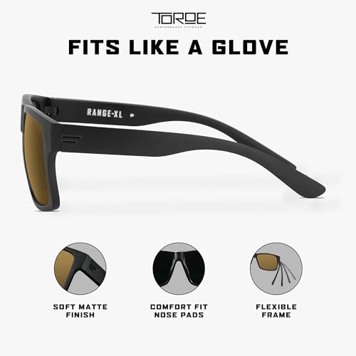 Image of TOROE Eyewear Matte Black RANGE XL Frame Sunglasses Light Weight TR90 Frame, Polarized Polycarbonate Lens (Matte Black | Black Emblem, Bronze (C3))