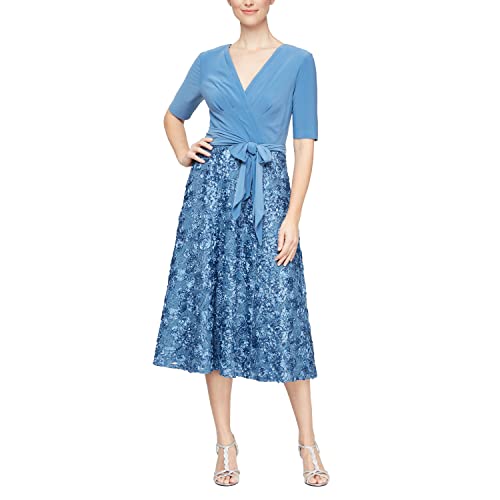 Image of Alex Evenings Women's Tea Length Dress with Rosette Detail
