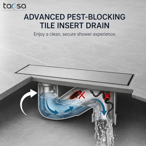 Image of Tapsa Tile Insert Floor Drain | 304 Stainless Steel | Invisible Shower Drain Channel | Shower Drain Channel |Water Drain Channel| Floor Drain with Cockroach Trap | Anti-Rust. (SS Matte, 18X4)