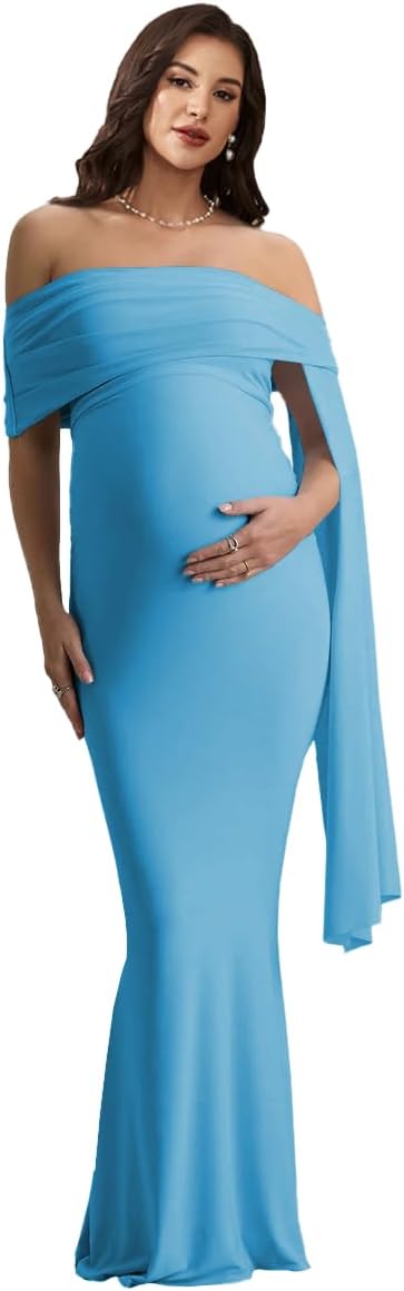 Satin Maternity Dress for Photoshoot Off The Shoulder Baby Maternity Dress with Draped sash