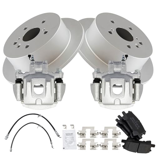 Image of TRQ Rear Brake Pad and Rotor Set Semi Metallic Coated Rotors Calipers Compatible with 2004-2007 Toyota Highlander