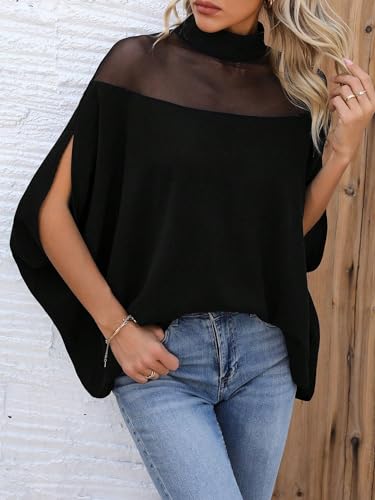 Verdusa Women's Contrast Mesh Half Cape Sleeve Blouse Loose Fit Dressy Tops Business Casual Outfits3