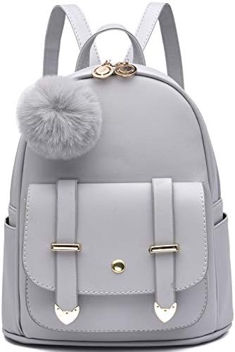 I IHAYNER Girls Fashion Backpack Mini Backpack Purse for Women Teenage Girls Purses PU Leather Pompom Backpack Shoulder Bag Grey