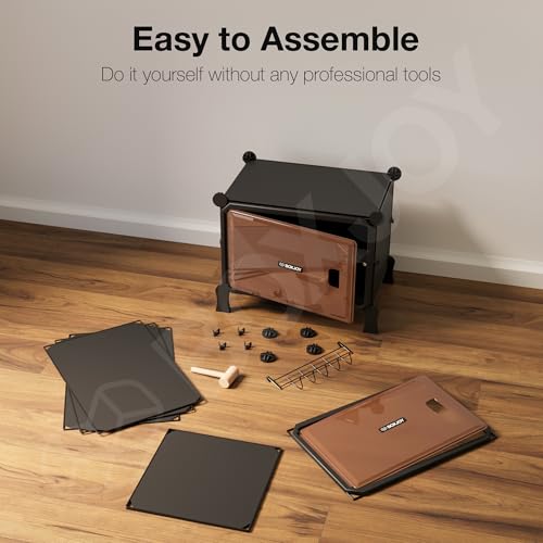 Image of BOXJOY 4 Shelf Black Shoe Rack with 2 Brown Doors, Magnets and 5 Hook Steel Holder for Home Storage Box Organizer, Hard PET Plastic with Metal Door Frame, Shoe Chappal Slipper Sandals Stand