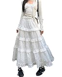 Women Lace Trim A-Line Skirts Cute Elastic High Waist Flowy Ruffle Asethetic Tiered Long Maxi Skirt White
