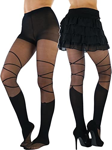 Image of ToBeInStyle Women's Strappy Zig Zag Lace Up Bandage Print Fashion Goth Tights