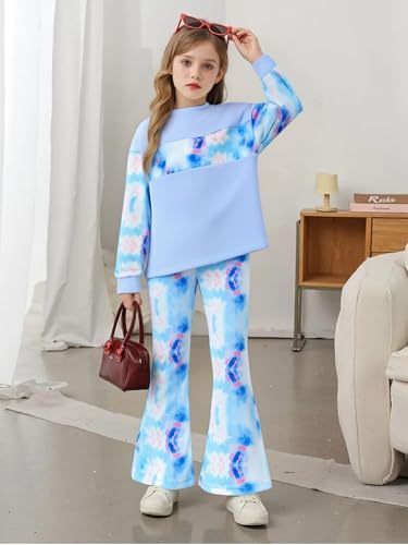 Image of OLMRJKD Girls 2 Piece Outfits Long Sleeve Letter Printed Sweatshirt & Flared Pants Fall Clothing Set Size 7-14 Years