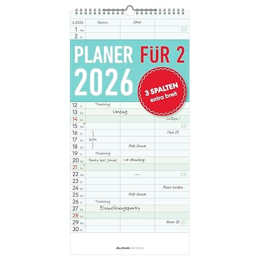 Alpha Edition - Planificador para dos - Calendario familiar 2026 - 22 x 45 cm - Temporizador familiar con 3 columnas y área de notas adicional - Con días festivos y fechas de vacaciones - Ideal para