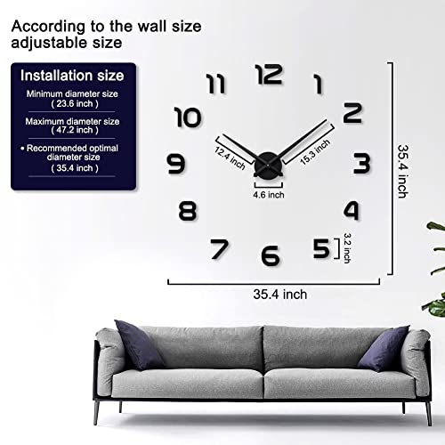 Image of Large DIY Wall Clock, 3D Mirror Number Stickers Large Wall Clock Kit Mute Frameless Modern Design for Home Living Room Bedroom Office Decoration-Silver