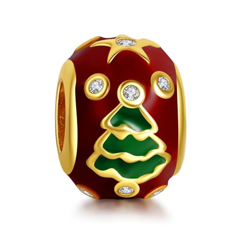 Image of Red Christmas Tree Charms for Women Charm Bracelets, 925 Sterling Silver Mother's Day Halloween Birthday Christmas Jewelry Gift for Women