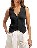 IQSQSQ Sweater Vest Women Casual V Neck Button Down Sleeveless Knit Cardigan Vest Tank Tops Streetwear(Black-M)