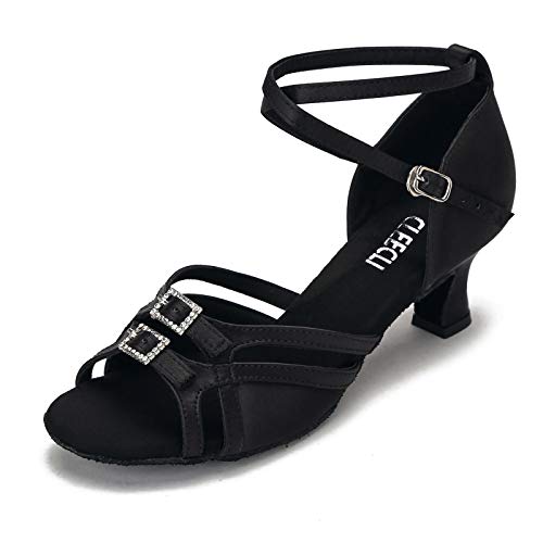CLEECLI Women's Ballroom Dance Shoes Latin Salsa Dancing Shoes Adjustable Toe Width 2.5 Inch Heel ZB11(8.5,Black-2 Inch Heel)