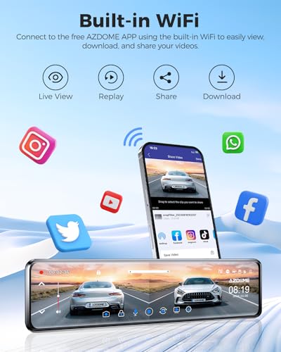 AZDOME 12" 4K WiFi Rear View Mirror Camera, Mirror Dash Cam Front and Rear with GPS, Dual Dash Camera for Cars, Waterproof Backup Camera, WDR Night Vision, 24H Parking Monitor, 64GB Card - Image 4