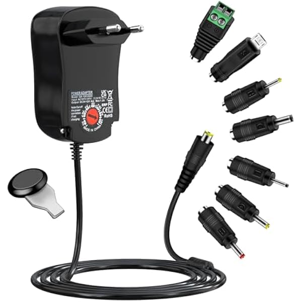 Uniwersalny zasilacz sieciowy 3-12 V, cshare 12 W AC do DC 3 V 4,5 V 5 V 6 V 7,5 V 9 V 12 V 1 A 1,2 A zasilacz impulsowy z 7 końcówkami do elektroniki domowej LED