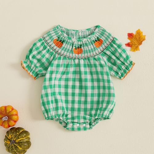 Toddler Baby Girl Halloween Outfits Pumpkin Print Plaid Short Puff Sleeve Smocked Romper Cotton Linen Bodysuit2