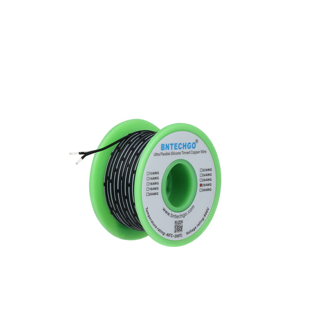 BNTECHGO 28 Gauge Silicone Ribbon Cable Flexible 2P Black 25 ft Flat Cable 28 AWG Stranded Tinned Copper Wire