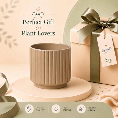 Image of Xtore Refined Ribbed Ceramic Planter Pot for Indoor Plants | Contemporary Wide Flower Pot for Home, Office Desk & Balcony Decor (Brown - Planter only)