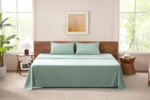 MISSQ King Size Bed Sheets Set - Cooling, Extra Soft, Wrinkle & Fade Resistant, Hypoallergenic - 4 Piece Hotel Luxury Microfiber Sheets with 16 Inch Deep Pocket, King, Soft Green