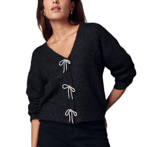 Image of Women Y2K Solid Color Knit Cardigan Long Sleeve V Neck Bow Button Open Front Sweater Top Vintage Going Out Knitwear
