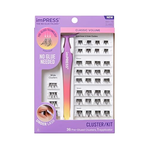 imPRESS Kiss Impress Falsies Self Adhesive Eyelashes, Press On Lashes, 12mm-14mm Natural Volume Lashes, Black, No Glue Needed, Invisible Band, 36 Lash Clusters & Non-Stick Applicator - Natural