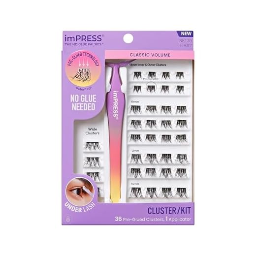 Kiss Impress Falsies Self Adhesive Eyelashes, Press On Lashes, 12mm-14mm Glam Volume Lashes, Black, No Glue Needed, Invisible Band, 36 Lash Clusters & Non-Stick Applicator - Voluminous