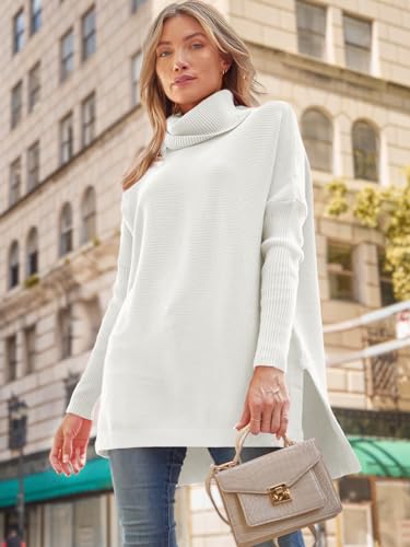 Image of LILLUSORY Women's Turtleneck Oversized Sweaters Long Batwing Sleeve Spilt Hem Tunic Pullover Knit Tops