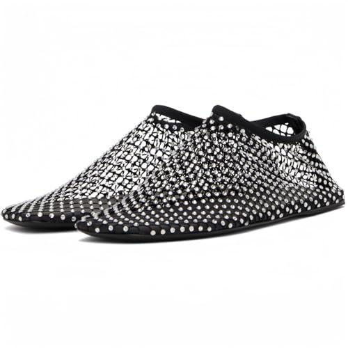 Mesh Ballet Flats Round Toe Shiny Gem Mesh Flats Rhinestone Short Boots Sexy Sandals Cutout Sparkly Comfortable Beach Casual Dress Flats for Women