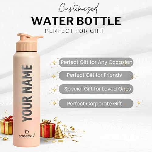 Image of Speedex Customised Stainless Steel Water Bottle 1 Ltr with Name - Personalised Engraved Sipper Cap Bottle for Kids, Men & Women, School, Gym, Office Peach Orange, Set of 1