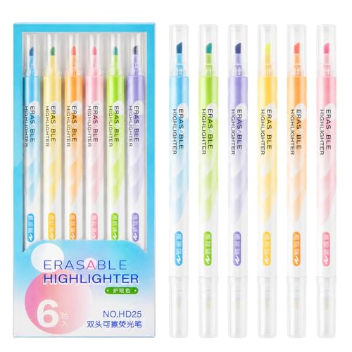 LEMONSTONE 6 rotuladores fluorescentes borrables pastel, doble punta para marcar y borrar, juego de subrayadores con punta de 3 mm, juego de iluminadores en rojo, amarillo, naranja, verde, azul
