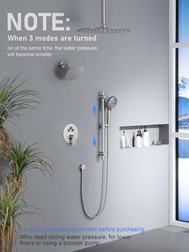 Image of Woindo Shower Faucet Set with Slide Bar, 12 inch Rain Shower Head /8'' Side Shower Head and 10 Setting Handheld Ceiling Mount 3 Push Button Diverter Complete Rainfall Shower System Included Valve Trim Kit