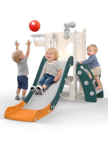 hoopyosms Rutsche für Kleinkinder mit Basketballkorb, Ball & Spielzeug-Teleskop, Indoor & Outdoor Spielplatz Set für Kleinkinder & Vorschulkinder(Grün)