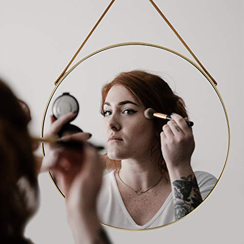 Untrammelife Round Wall Mirror 24 Inch,Gold Round Mirror With Hanging Leather Strap Gold Hardware Hanger,Brushed Metal Framed Round Hanging Mirror For Bedroom Living Room Bathroom #TOP3