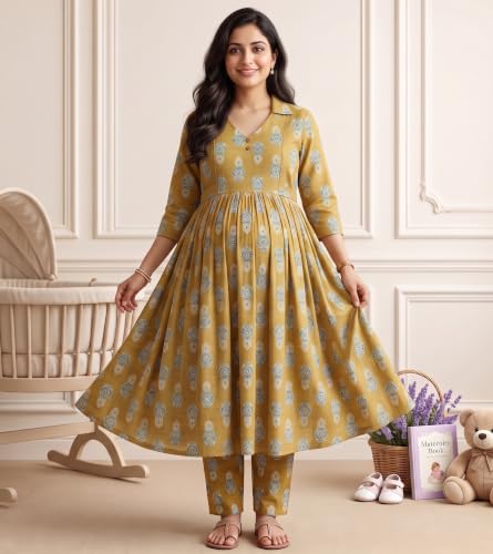 Image of DUMMY SHAPE Maternity Dresses for Women Cotton | Floral Kurta Pant Dupatta Set with Nursing Zippers, Side Pocket | Pre & Post Pregnancy | Feeding Kurti Suit | Baby Shower | Gifts for Pregnant Woman