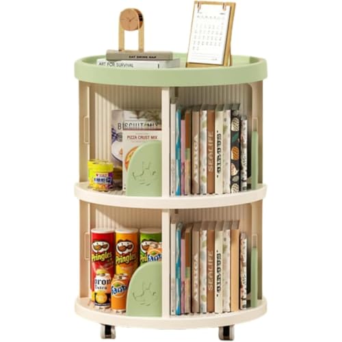 Vzfv 回転式本棚 キャスター付き 大容量 漫画・絵本収納 省スペース ブックシェルフ 組立簡単 学生・子供部屋・オフィス/学校用 イエロー 3層 (2層,グリーン)