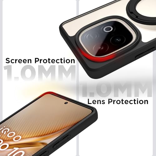 Image of RIGGEAR Shockproof Sleek Hybrid Armor 360 Rotating Magnetic Ring Stand Back Cover Case Compatible with MagSafe Accessories for iQOO Neo 10 5G (Clear PC + Black TPU Bumper)