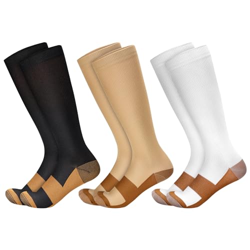 Invalidism 3 Pairs Compression Socks for Women & Men Medical Circulation 15-20 mmhg Flight Socks Knee High Compression Stockings for Athletic Nurse Running Travel (S/M)