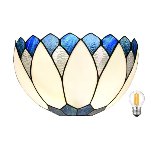 Image of WL0006 Blue White Lotus Tiffany Style Wall Sconce Stained Glass Wall Light Fixtures for Hallway Stairway Bedroom Livingroom, 12 Inches Wide(Blue White)